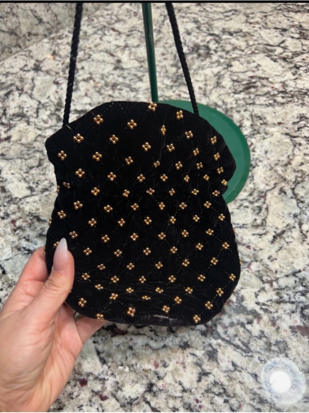 Black Quilted Velvet Mini Drawstring Bag with Gold Bead Accents - Picture 4 of 9